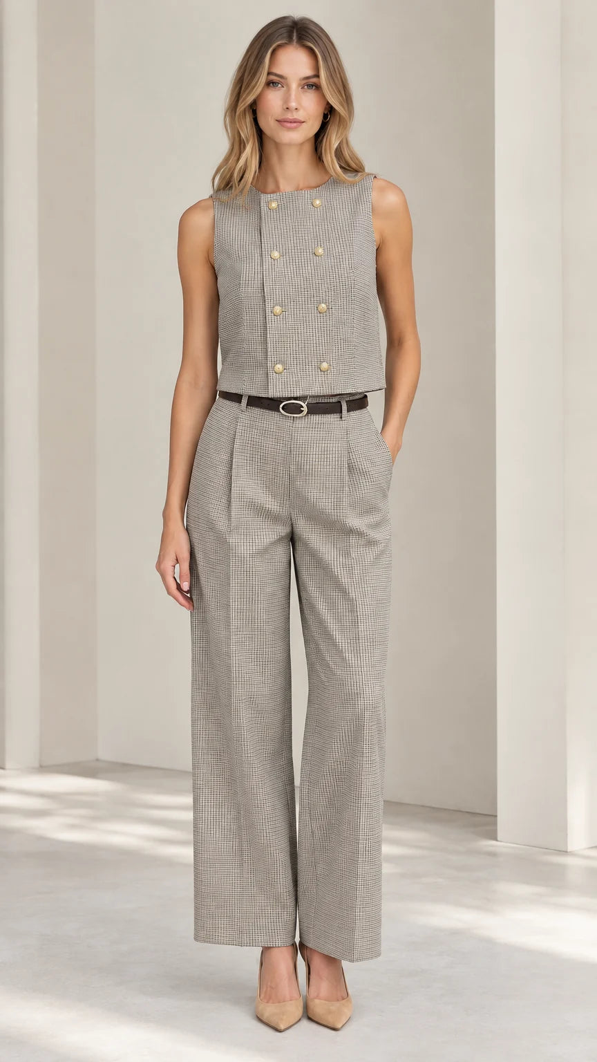 Front full view of women's grey houndstooth sleeveless vest and wide leg pants set with belt
