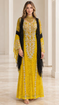 Yellow embroidered lace kaftan maxi dress front view with black draped scarf
