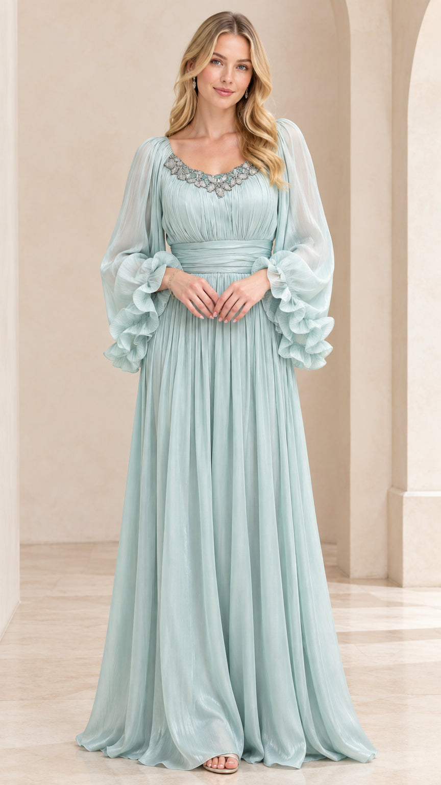 Front full-length view of model wearing Mint Green pleated chiffon maxi dress with embellished neckline and ruffle cuffs
