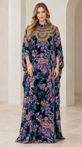 Full front view of teal floral velvet kaftan maxi dress with gold embroidered neckline