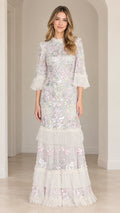 Front view of Ivory White floral sequin embroidered tiered maxi evening gown