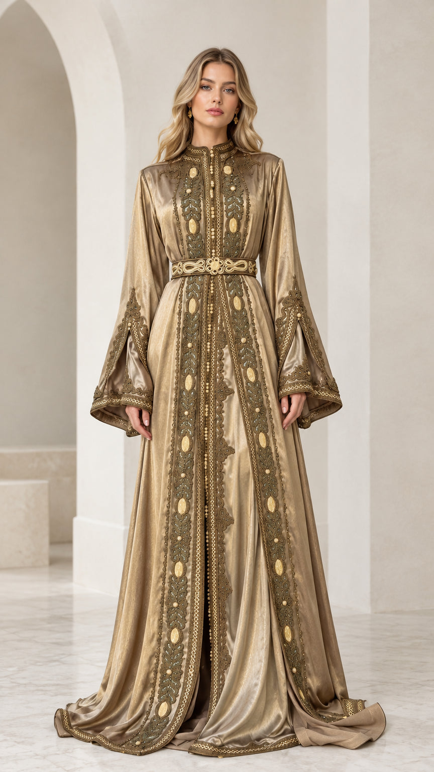Full front view of Champagne Gold embroidered metallic satin kaftan maxi dress with belt