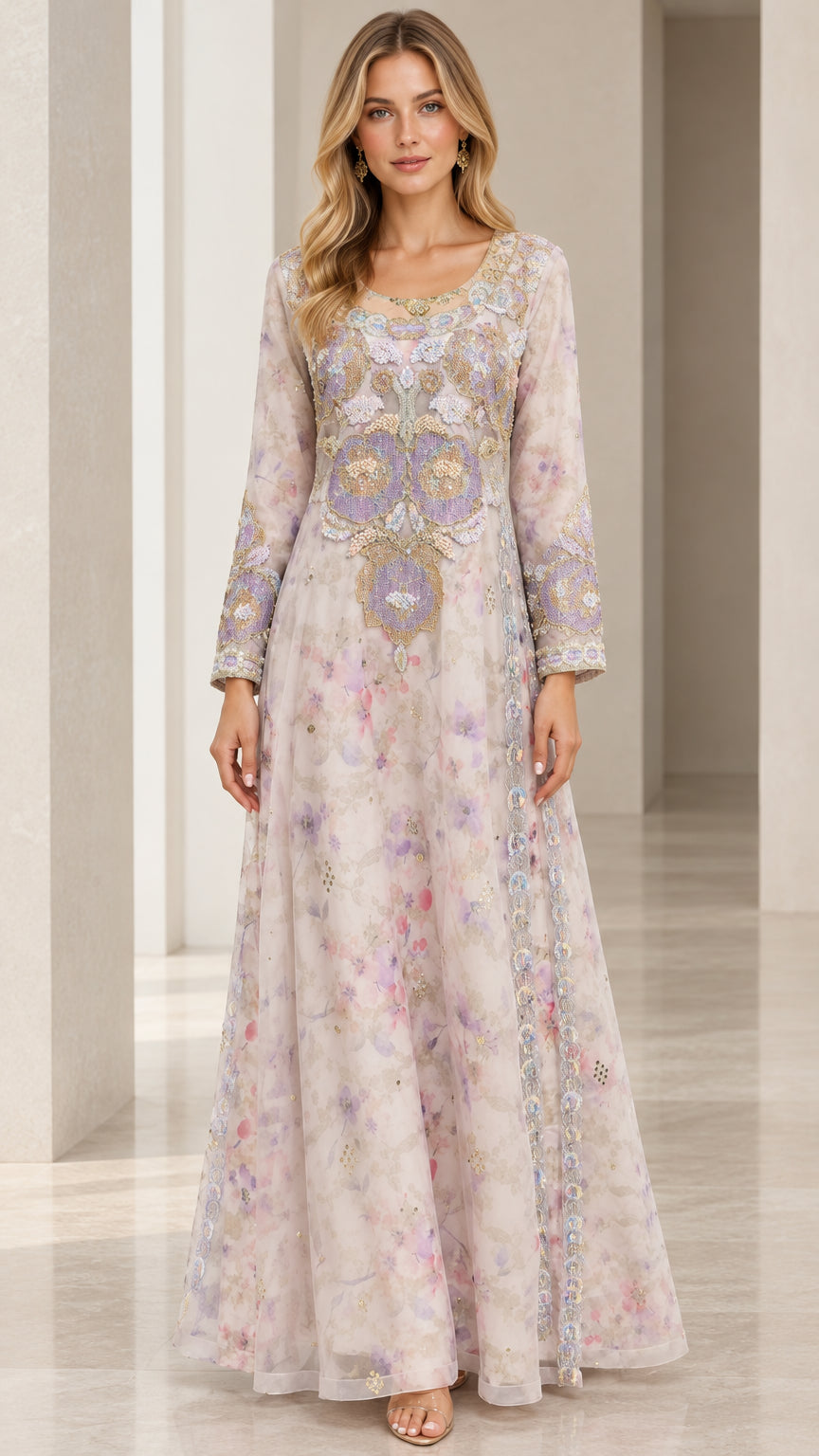 Full front view of blush lilac embroidered long sleeve maxi dress