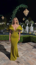 Full front view of olive green sculpted pleated plunge mermaid evening gown with beaded waist