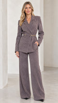 Front full view of women's charcoal grey textured blazer and wide leg pants suit set with waist belt