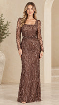 Front view of woman wearing brown square neck sequin long sleeve evening gown