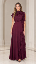 Burgundy draped high neck maxi dress with side cascade ruffle front view