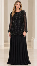 Front view of woman wearing Black beaded long sleeve evening gown with pleated chiffon skirt