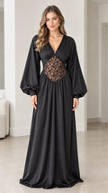 Front view of black satin V-neck maxi dress with lace waist insert and lantern sleeves