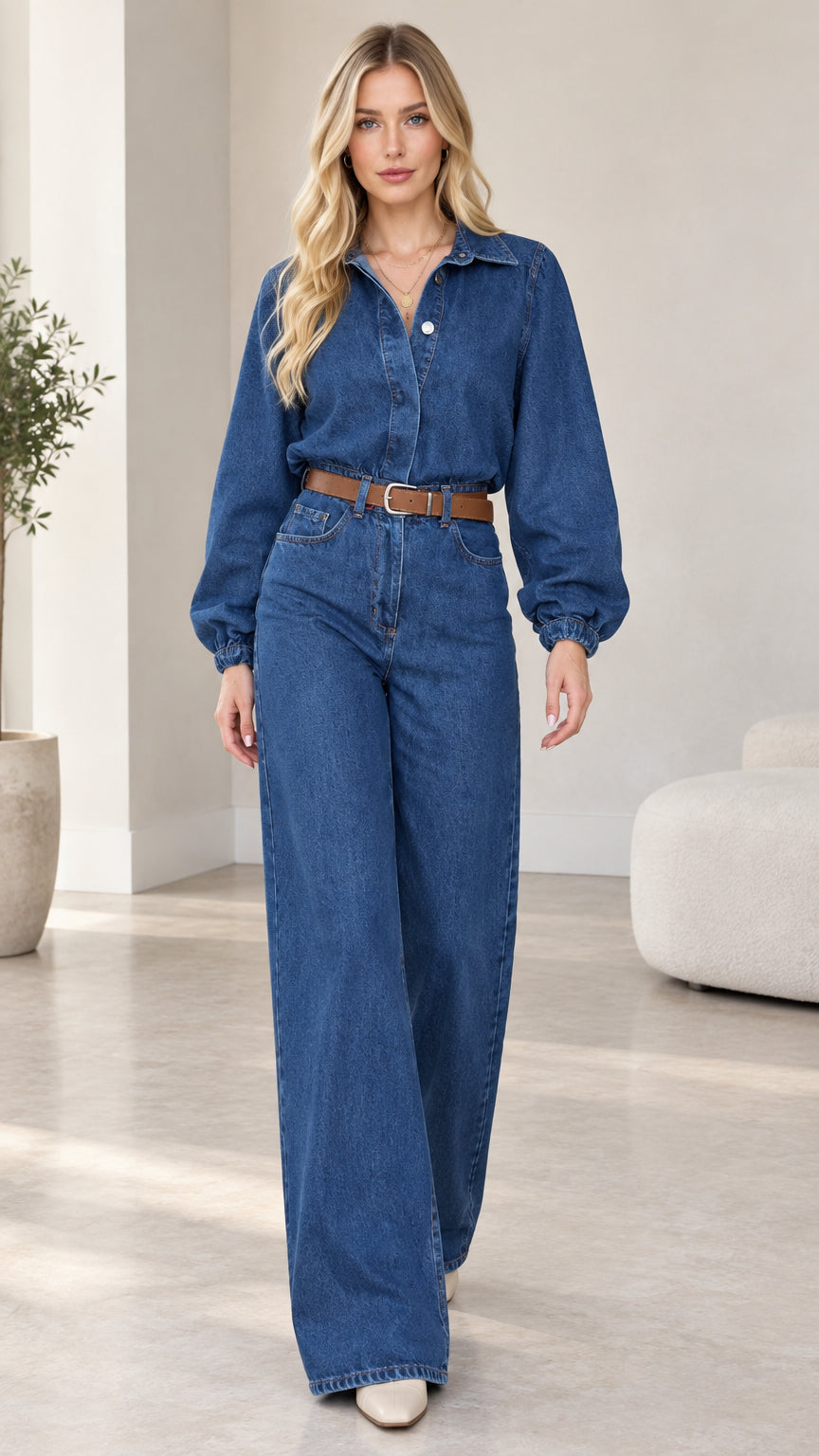 Front view of model wearing medium blue wide-leg denim jumpsuit with brown belt