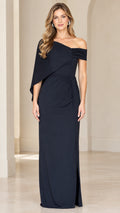 Front view of woman wearing navy blue one-shoulder drape maxi formal gown