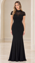 Full-length front view of black beaded illusion high-neck mermaid evening gown