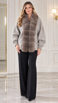 Women's heather grey knit cardigan jacket with plush taupe faux fur front trim - front view