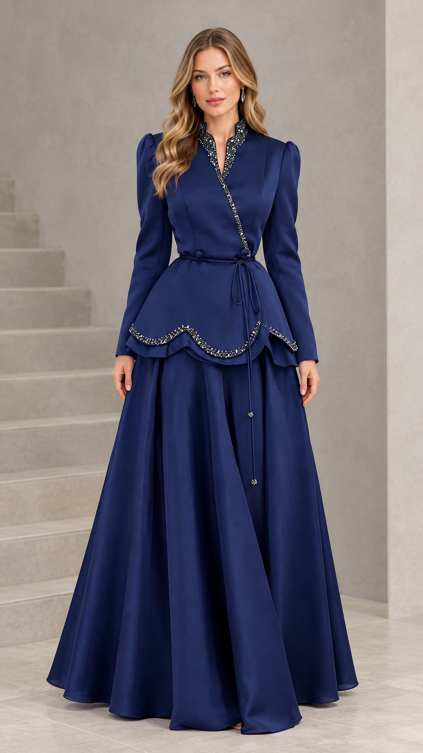 Front view of model wearing Navy Blue beaded peplum long sleeve evening maxi gown