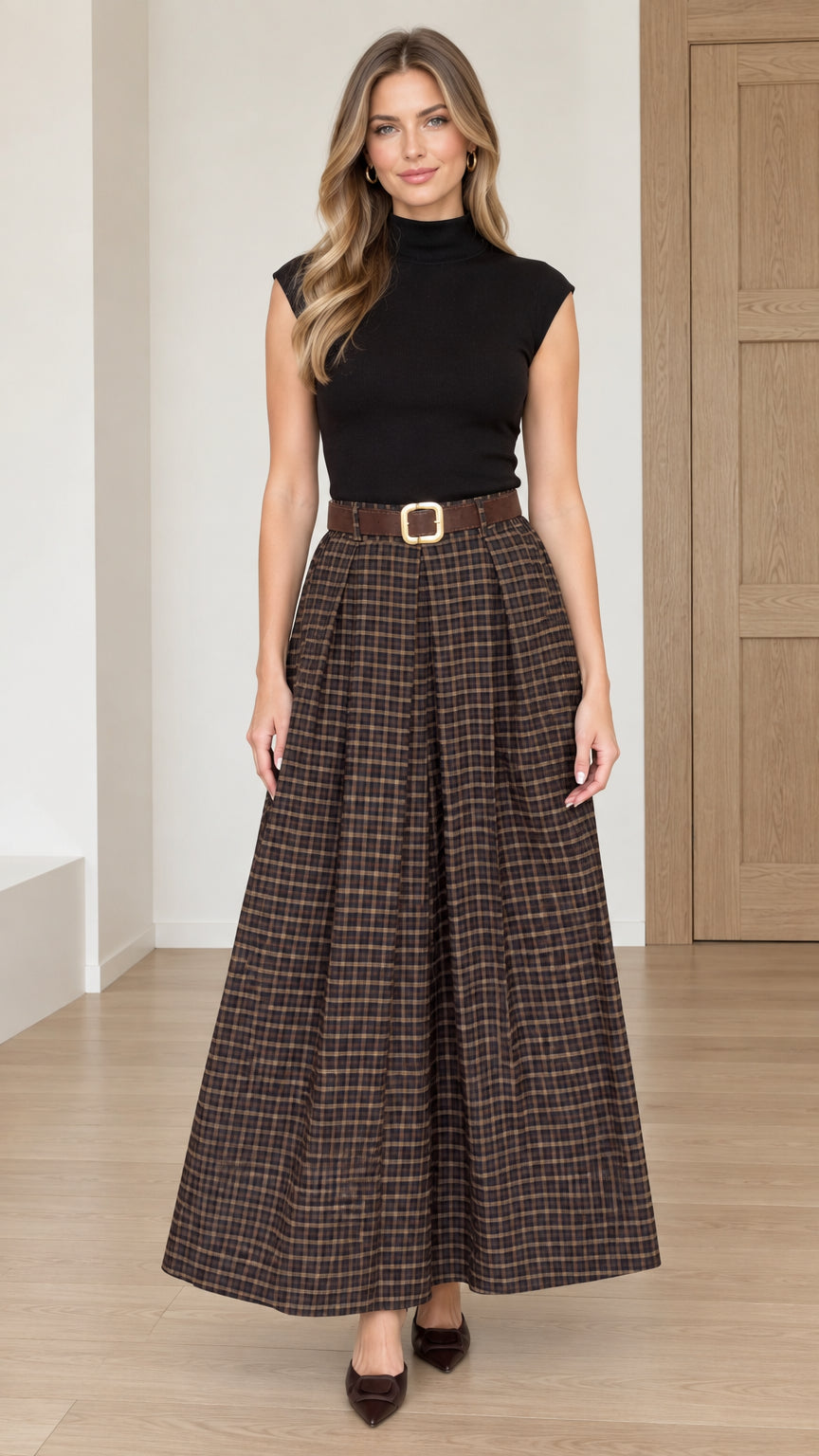 Front full view of model wearing a high waisted dark brown plaid pleated maxi skirt with a belt
