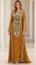 Full front view of Mustard Gold embroidered sequin lace maxi gown with long bell sleeves