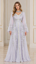 Front view of model wearing lilac embroidered chiffon kaftan evening maxi dress
