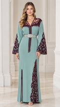 Front full-length view of Sage Green embroidered caftan maxi dress with belt and flared sleeves