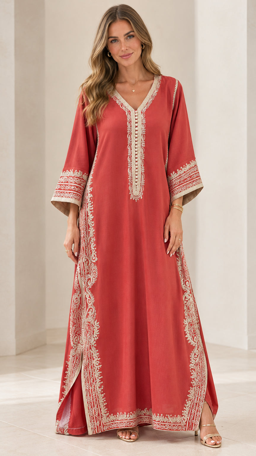 Front full view of woman wearing rust red embroidered kaftan maxi dress