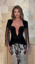 Front view of model wearing black velvet plunge evening gown with beaded fringe sleeves and silver sequin skirt
