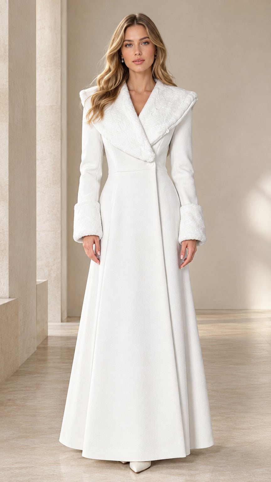 Front full view of white floor-length shawl collar maxi coat