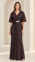 Chocolate brown sequined lace and chiffon evening gown with flutter sleeves and crystal waist brooch front view