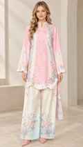Full front view of model wearing pink floral print scalloped tunic and wide leg pant set