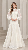 Front full-length view of woman wearing ivory high-neck lace long sleeve maxi gown
