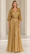 Gold V-neck flutter sleeve sequin evening gown full front view