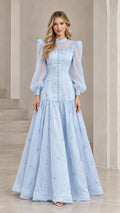 Sky blue high neck long sleeve embroidered evening gown front view