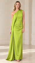 Front view of woman wearing Lime Green one-shoulder draped maxi evening gown