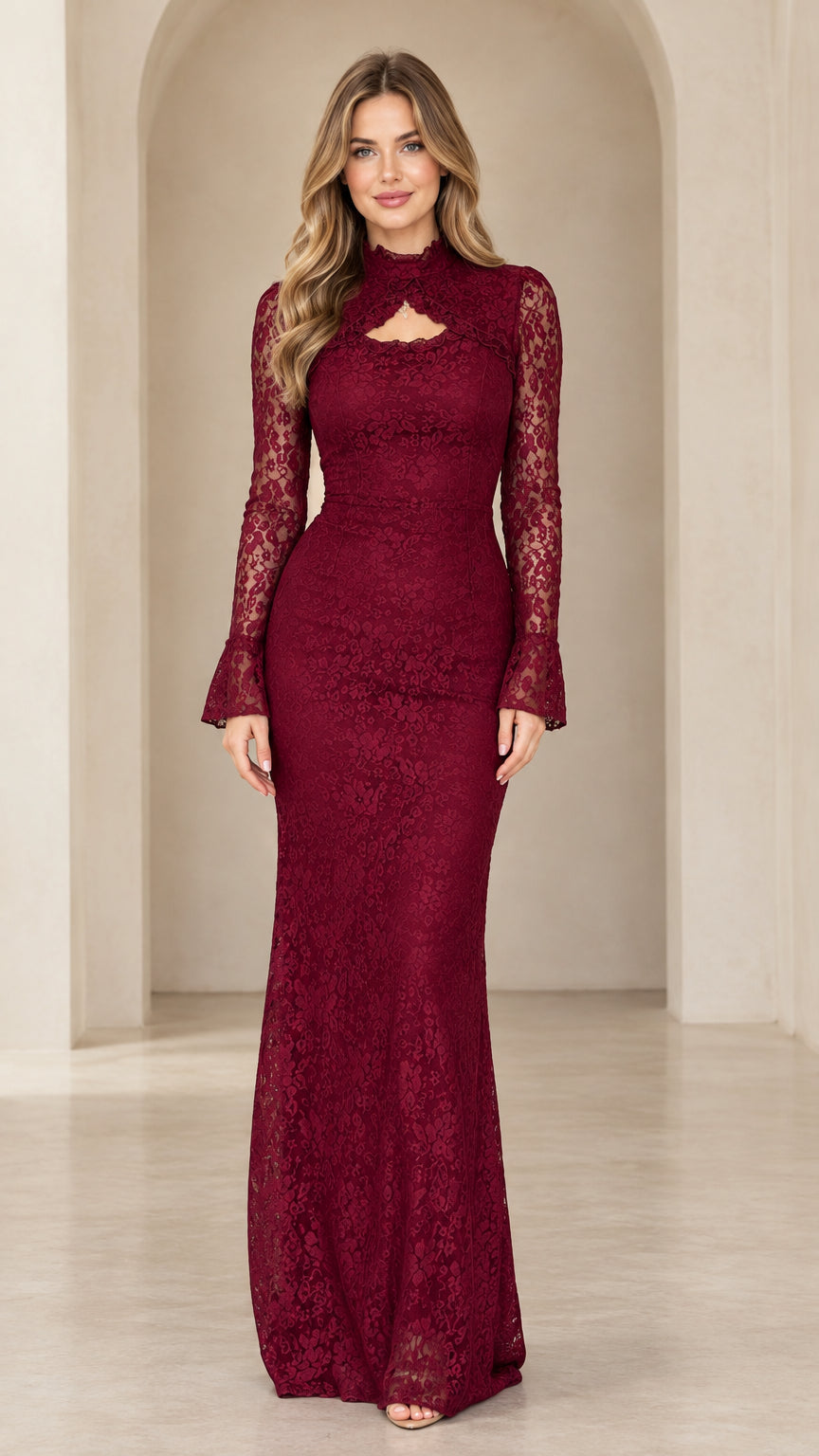 Burgundy long sleeve floral lace maxi evening gown front view