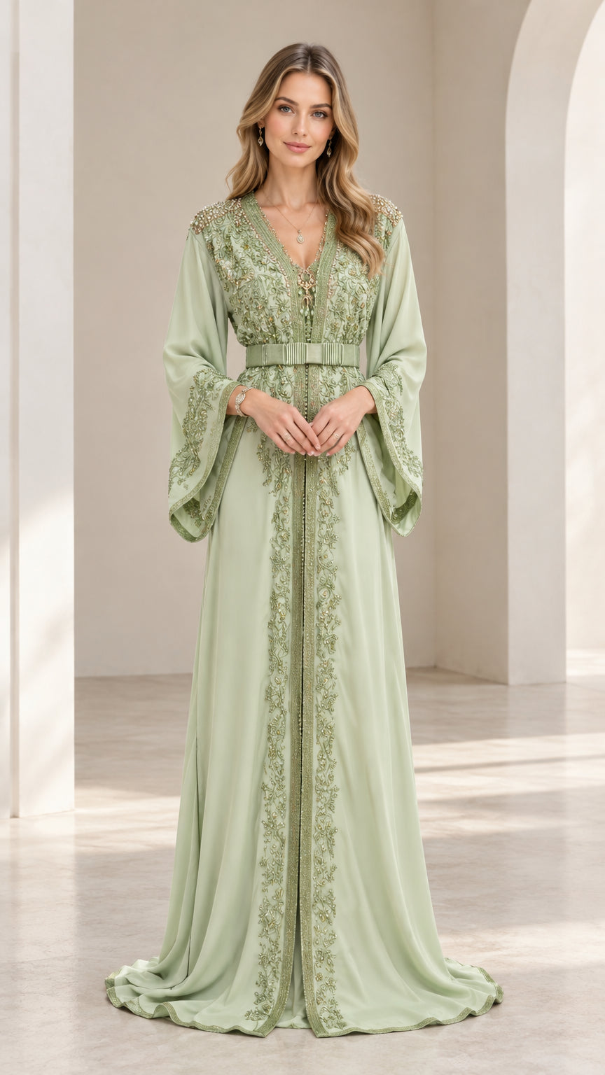 Front view of woman wearing elegant sage green embroidered Moroccan kaftan maxi dress
