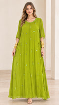 Front full-length view of model wearing lime green pleated chiffon maxi dress with beaded details
