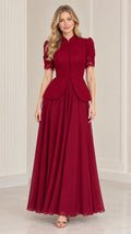 Burgundy floral lace peplum maxi formal dress front view on model
