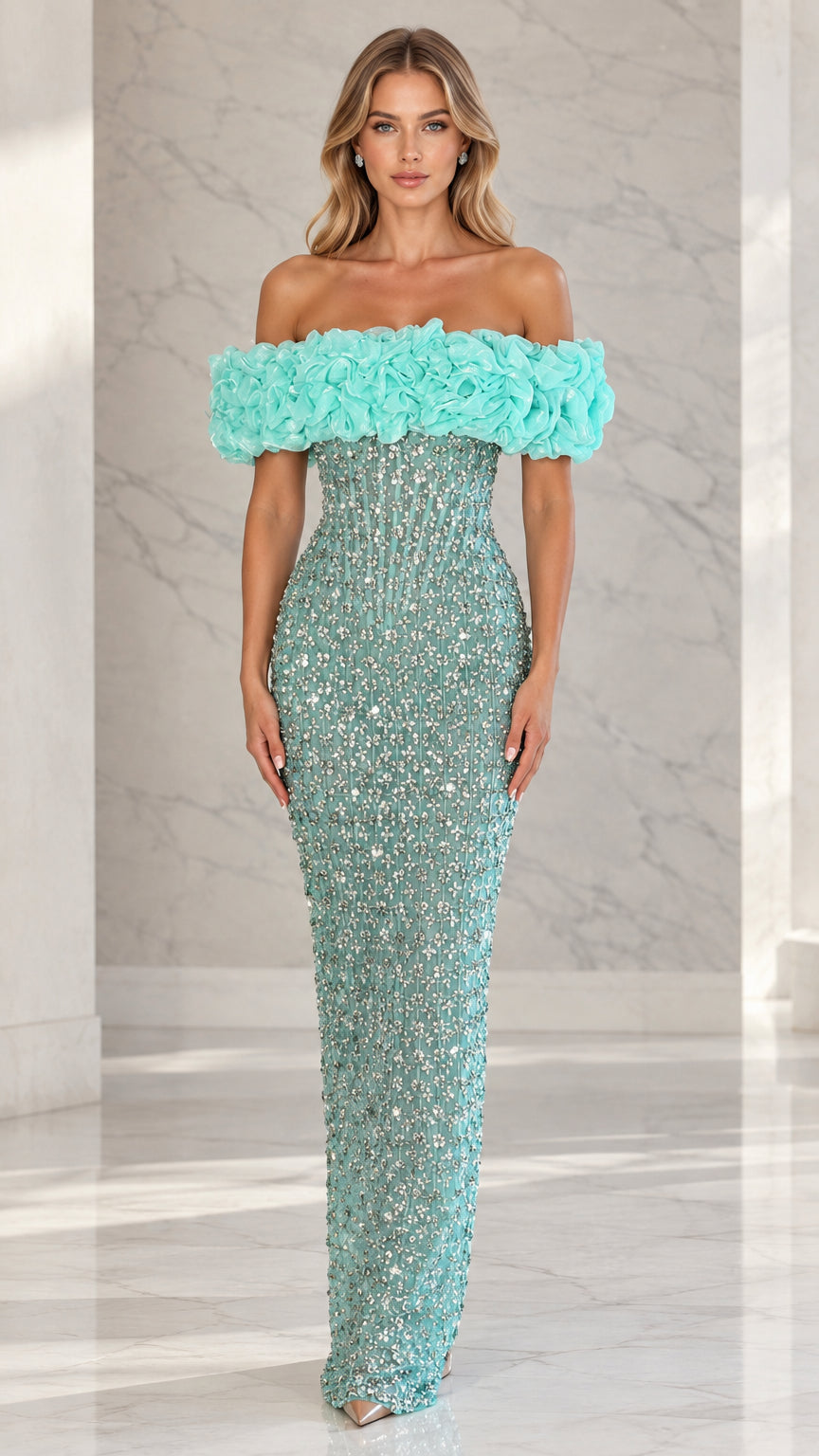 Full front view of aqua blue off-the-shoulder embellished column evening gown with 3D rosette neckline