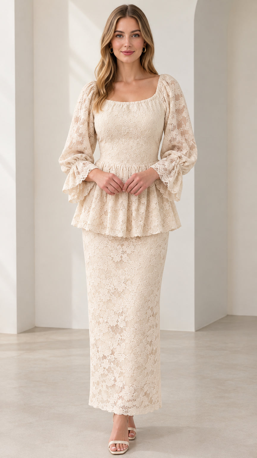 Model wearing Cream Floral Lace Square Neck Peplum Maxi Dress front view