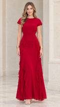 Full front view of model wearing a red cap sleeve cascade ruffle maxi gown