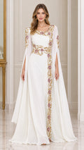 Front view of model wearing white embroidered split cape sleeve evening maxi dress