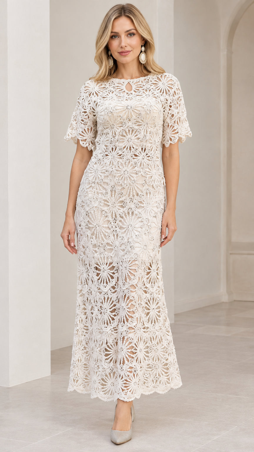 Full front view of Champagne floral crochet lace maxi dress with flutter sleeves