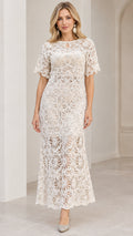 Full front view of Champagne floral crochet lace maxi dress with flutter sleeves