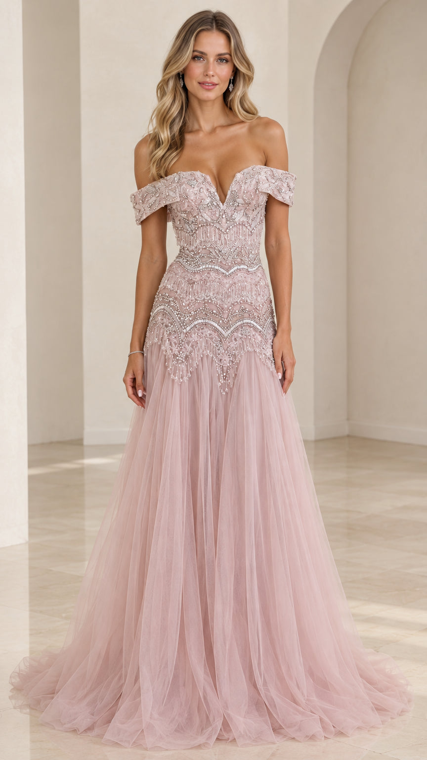Dusty Pink off-the-shoulder beaded tulle evening gown front view