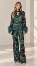Front full-length view of model wearing Emerald Black feather cuff printed satin pant set
