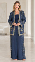 Front full-length view of navy blue embroidered evening pant suit set with open-front jacket and wide-leg pants