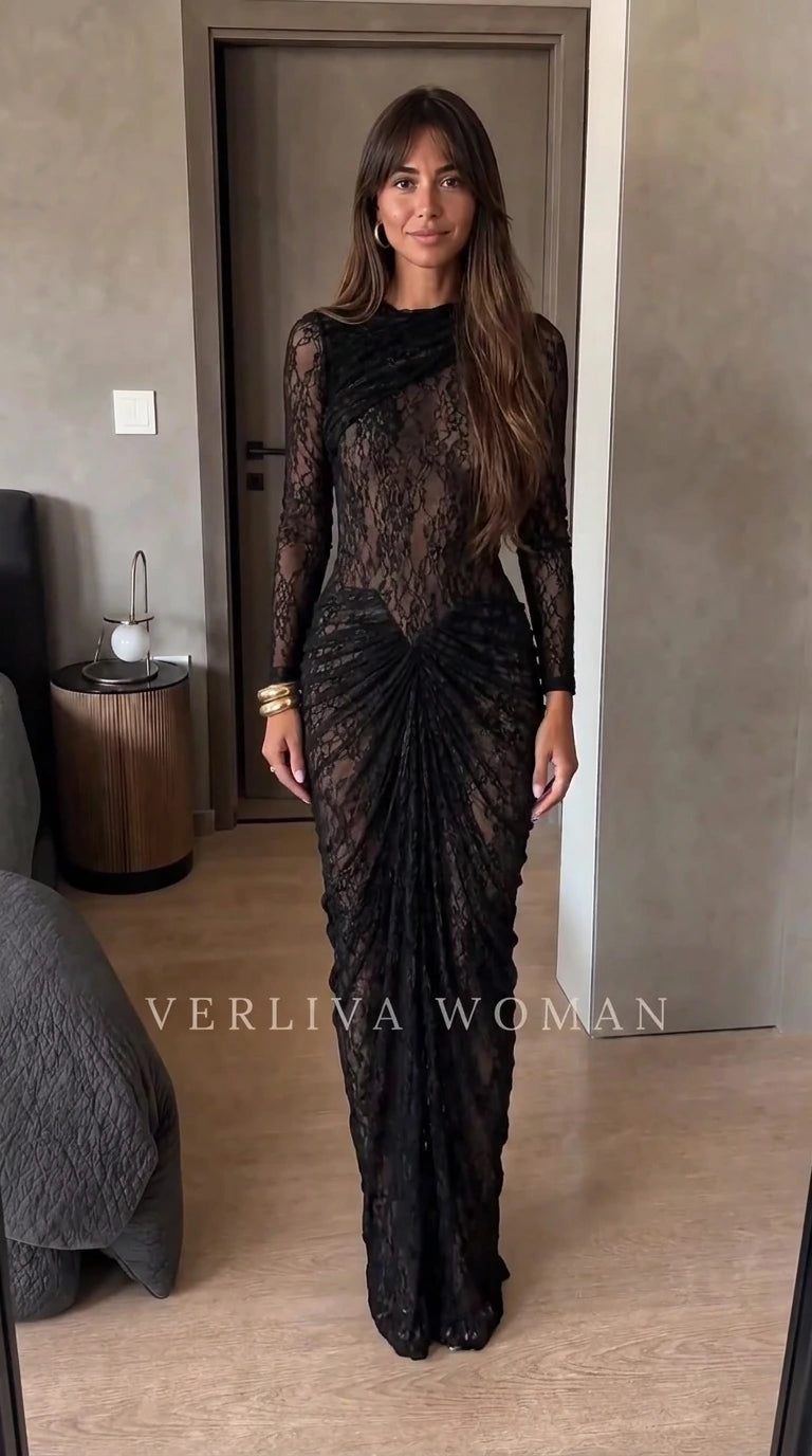 Front view of black sheer floral lace long sleeve maxi dress with gathered ruched waist