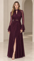 Burgundy long lace evening gown with keyhole neckline and bell sleeves front view