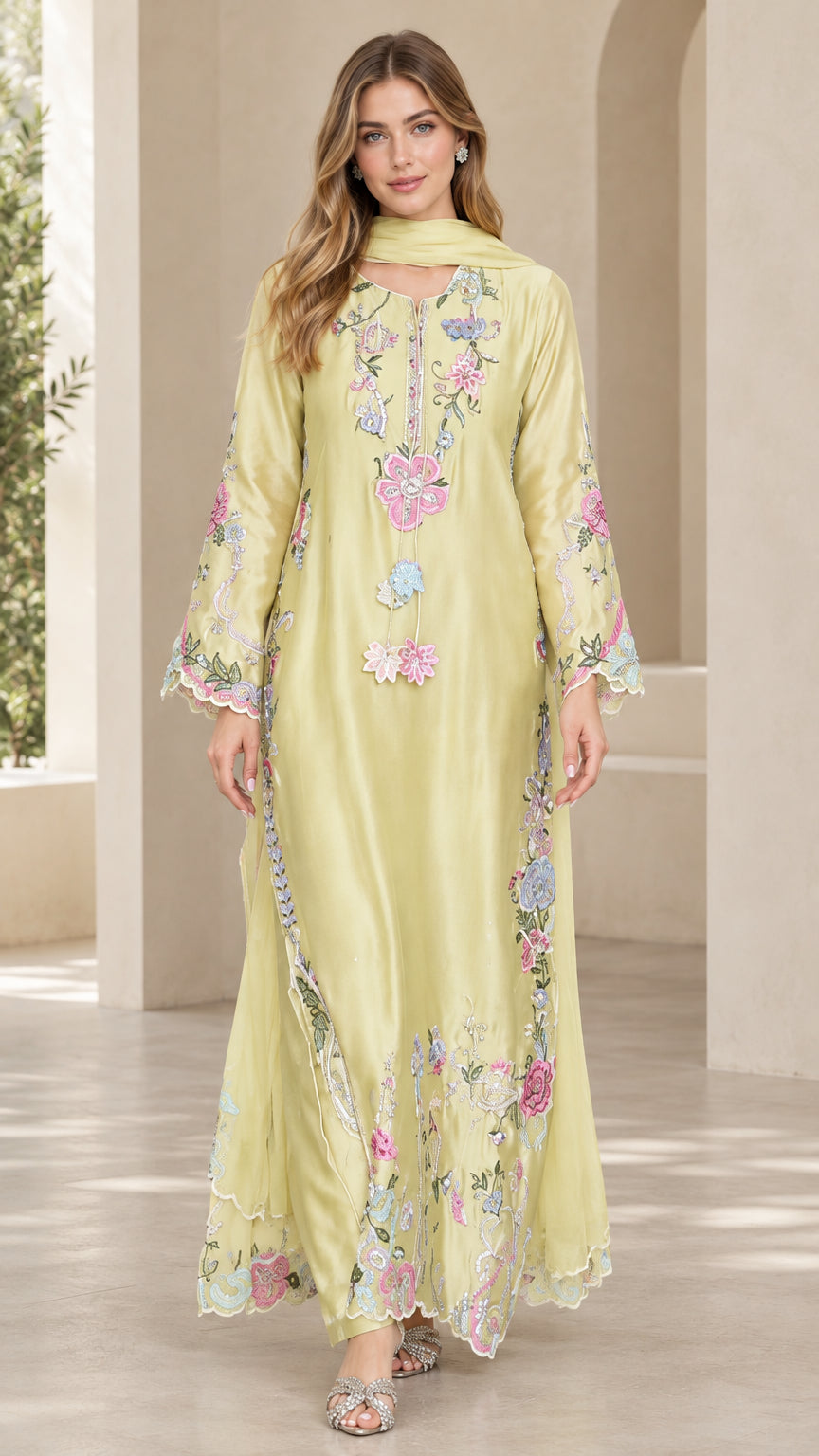 Front view of model wearing pistachio green floral embroidered maxi dress with matching scarf