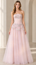 Blush Pink strapless corset tulle evening gown front view
