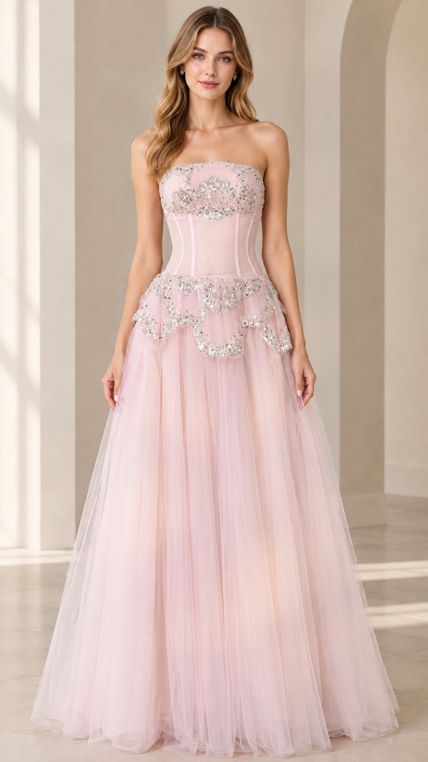 Blush Pink strapless corset tulle evening gown front view