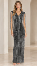 Front view of black sequin column maxi gown with beaded shoulder fringe